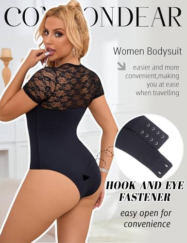 comeondear Bodysuit Women's Dress Short Sleeve Bodysuit Lace Bodycon Plus Size 45-90 kg Sexy Bodies Party Elegant Elastic Lingerie Leotard Tops Transparent Lingerie Clubwear Jumpsuit S-XXL