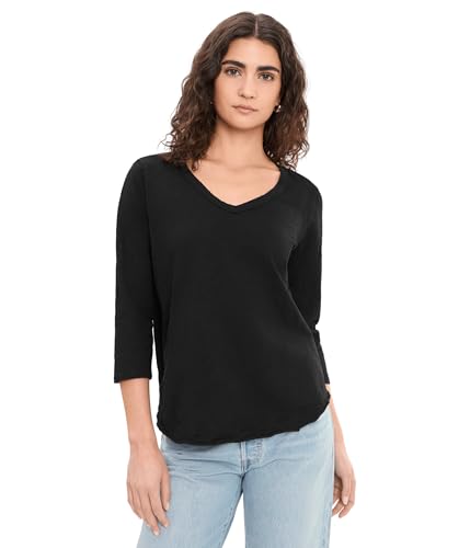 Mod-o-doc Women's 3/4 Sleeve V-Neck Tee with Curved Hem, Black 6, X-Small