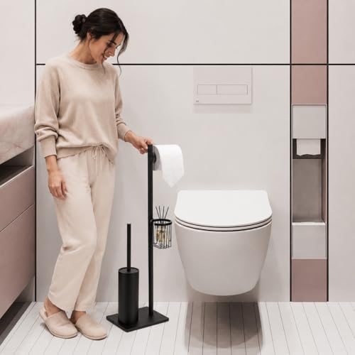 DAZI Toilet Brush Set with Toilet Paper Holder and Storage Basket, Stainless Steel Toilet Brush Freestanding, 3 in 1 Floor Standing Toilet Paper Holder Minimalist Style Space Saving