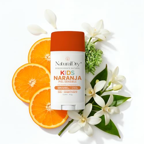 Naturaldry - 2 desodorantes infantiles Kids SIN BICARBONATO DE SODIO unisex Natural ideales para pieles sensibles - No obstruye los poros - SIN ALUMINIO - Sin parabenos - Aroma Naranja para niños y niñas - En Barra