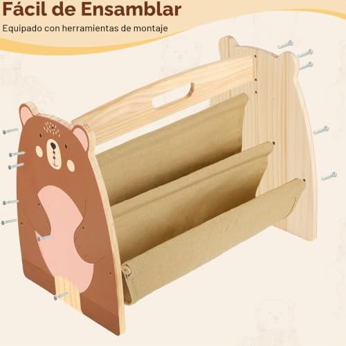 MHJY Children's Wooden Bookcase – Montessori Double-Sided Bookcase with Fabric Pockets, Portable Toy Organizer with Handle, Furniture Storage for Children's Room and Nursery