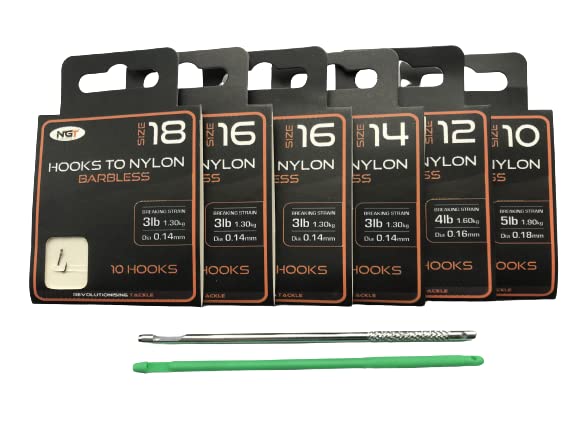 TFS Angling 60 X NGT Barbless Hooks to Nylon.Sizes 18,16,14,12,10, plus Aluminium & Plastic Disgorgers. (B)