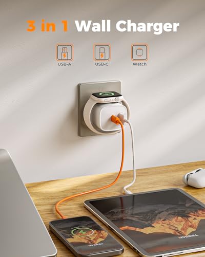 TESSAN Cargador para Apple Watch 3 en 1, PD 20W Cargador USB C Magnético con Dos USB Puertos, Cargador Inalámbrico Compatible with iPhone, AirPods, iWatch SE/S7/S8/S9/S10/S11 Series