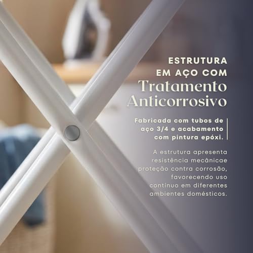 Tabua de Passar Roupa Dobrável com Suporte para Ferro | Estrutura em Aço Reforçado | Tecido Térmico Metalizado | 3 Regulagens de Altura | Mesa de Passar Roupa Portátil Resistente Premium