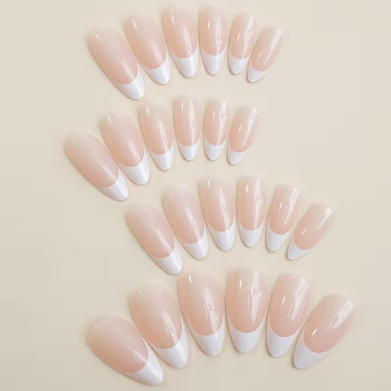French Press On Nails Almond White Tip Acrylic Fake Nails, 24pcs