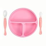 Silicone Baby Plate, with 2 pcs Silicone Spoon - BPA Free, Dishwasher, Microwave and Safe - Easy to Clean, Feeding Dishes for Kids/Infant (Pink)