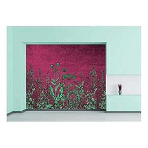 Large Wall Mural - Green Flowers on Dark Pink Background | Self-Adhesive Vinyl Wallpaper/Removable Modern Wall Decor - 66x96 inches