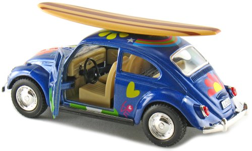 Set of 4: 5" Classic Volkswagen Beetle with Decal and Surfboard 1:32 Scale (Black/Blue/Red/Yellow)