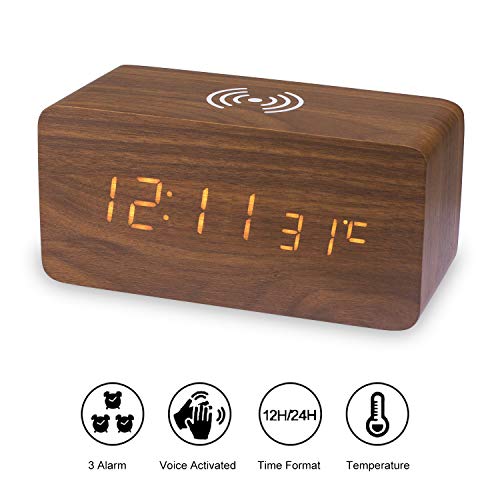 TechKen Wooden Alarm Clock with Qi Wireless Charging Pad, Wood LED
