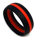 SAR - Safe Active Rings - 8MM Men or Ladies Flexible Black with RED Stripe Fire Man Silicon Rubber Wedding Band Ring