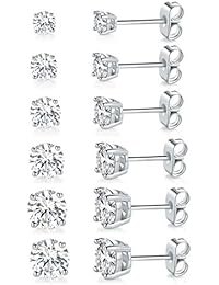 18K White Gold Plated 4 Pong Round Clear Cubic Zirconia Stud Earring Pack of 6 Pairs (6 Pairs)
