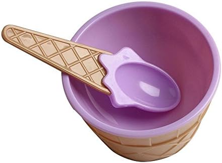 WMSTUDIO Dessert Dishes, Kids Reusable Cute Feeding Tableware Plastic Vibrant Colors Ice Cream Dessert Bowls and Matching Spoons (Set of 2), Purple