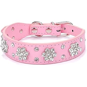 Didog - Cute PU Leather Dog Collar - Rhinestone Flower Pattern Studded - 1 Inch Width Fit Small and Medium Dogs,Pink 12-15