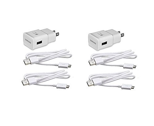 2 Pack Original Samsung Fast Charging Adapter Travel Charger + (2) 5 foot Micro USB Data Cables - White