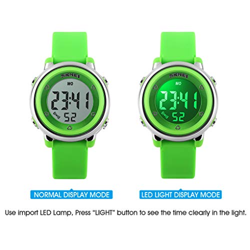 Skmei Kids Digital Watch, Waterproof Boys Girls Colorful LED Light Watches Childern Wristwatches with Stopwatch (Green) - Thumbnail 4
