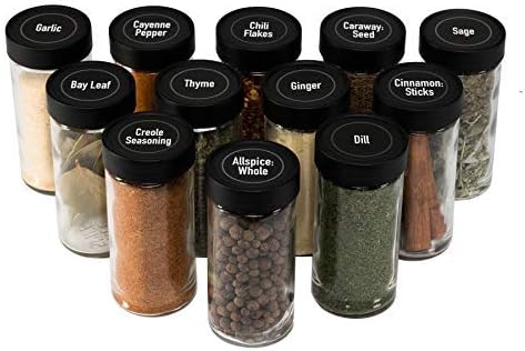 AllSpice 4 Ounce Glass Spice Jars (Same Size as Penzeys and Spice House) with Black Plastic Lids and 3 Styles of Shaker Tops- 12 Pack