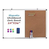 36 x 24 Inches Magnetic Whiteboard and Cork Board Combination Board, Dry Erase Board Bulletin Combo Board for Home Office, Wall Mounted Message Memo Board with Markers, Eraser, Magnets, Push Pin