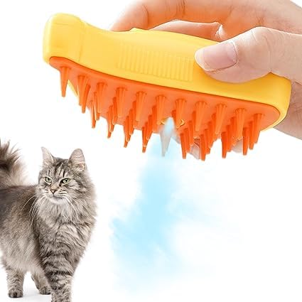 Steam Cat Brush, 3-in-1 Steam Brush for Cats, Long/Short Haired Dog Brush with USB Charger, with Water Tank, Brush for Cats with Short and Long Hair, Ideal for Massageing, Care (yellow)