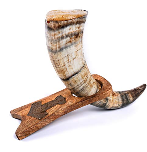 Norse Tradesman Genuine Ox-Horn Viking Drinking Horn with Solid Wood Stand Engraved with Thor's Hammer | Burlap Gift Sack Included | Natural, Low Polish, 30 cm