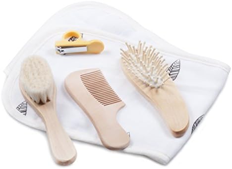 Baby Hair Brush and Comb Set - Soft Goat Hair to Reduce Cradle Cap - Includes Hair Brush - Pin Brush - Burp Cloth - Baby Nail Clipper - Wooden Comb - Great Gift for Boys or Girls