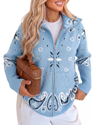 Cicy Bell Women Zip Up Cardigan Sweater Stand Collar Knit Printed Sweater - Used condition - US$56.72