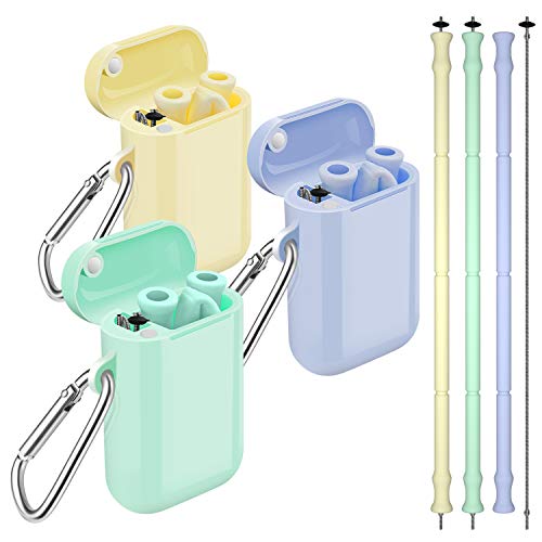 Comvin Collapsible Silicone Straws, 3 Pack Reusable Portable Travel Straw with Case and Brush, BPA Free for Cold or Hot Drinks Like Lemonade, Sodas, or Coffee, Cream Yellow, Lavender, Mint Green