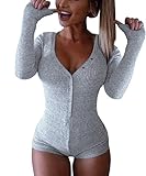 Begonia.K Women's Long Sleeve Romper Deep V Neck Botton Knitted Bodycon Jumpsuit