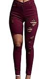 Pxmoda Womens High Waist Skinny Ripped Jeans Stretch Distressed Denim Pants (S, Wine Red)