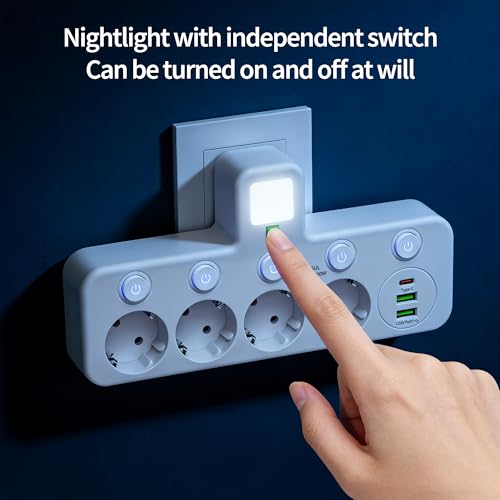Power Strip with Individual Switch, 4 Sockets with USB and Night Light, 4 Mains Outlets + 1 Type-C + 2 USB Suitable for Home, Office, Phone, Portable