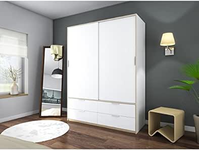 Armario con 2 puertas correderas y 4 cajones, 140 cm, blanco y roble