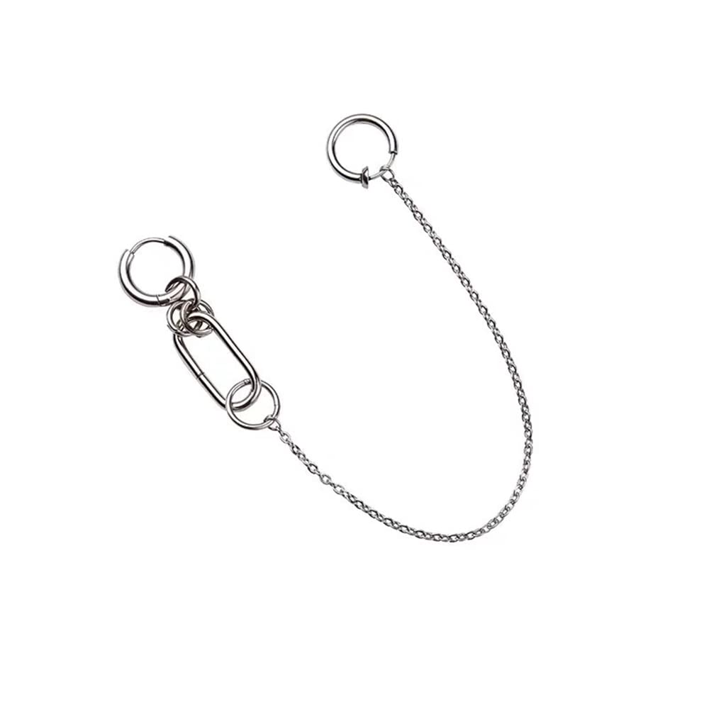 Punk Long Chain Small Huggie Hoop Earrings Non Piercing Lips Nose Ring Cuff Clip On Dangle Tassel Drop Personality Gothic Dainty Stainless Steel for Women Girls Fashion Jewelry Gifts