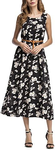 Casual Dresses Calf Length, Sleeveless Floral Dresses Below Knee for women L