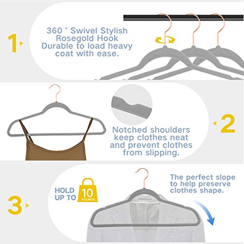 Premium Velvet Hangers Rose Gold Swivel Hooks - Felt Hangers-HeavyDuty Non Slip Sturdy Suit Hangers-Space Saving Clothes Hangers 50 Pack for Skirts Coats (Gray)