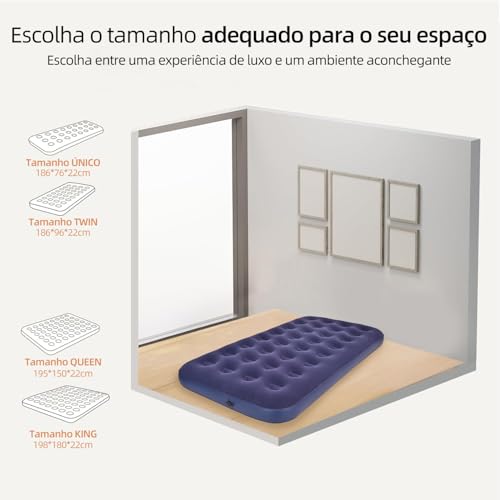 Colchão Inflável Solteiro Azul 186x96x22cm, Colchão de Ar em PVC com Revestimento de Flanela, Colchonete Inflável com Estrutura Honeycomb