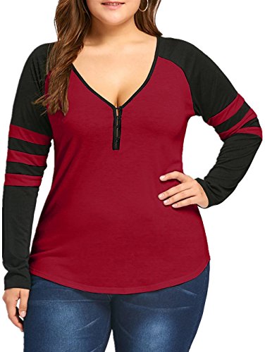 Imysty Plus Size Womens Tops Long Sleeve Sexy V Neck Striped Raglan Henley Shirts Blouse