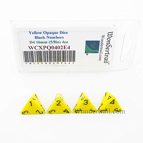 Yellow Opaque Dice with Black Numbers D4 Aprox 16mm (5/8in) Pack of 4