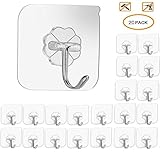 Transparent Adhesive Hooks 44 lb/ 20 kg(Max), Waterproof and Oilproof Reusable Seamless Hooks, Heavy Duty Wall Hook for Kitchen Bathroom Office-20Pack