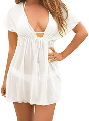 Womens Sexy Mesh Beach Bikini Overall Cover Up See-through Lace Shirt (White)