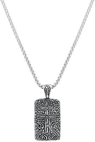 Stainless Steel Oxidized Cross Dog Tag Pendant Box Chain 24" Necklace