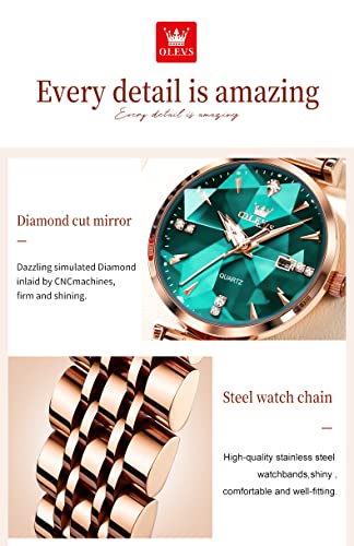 OLEVS Women Watch Fashion Rose Gold Diamond Analog Quartz Female Watches for Women Luxury Dress Ladies Stainless Steel Luminous Waterproof Date Wristwatches