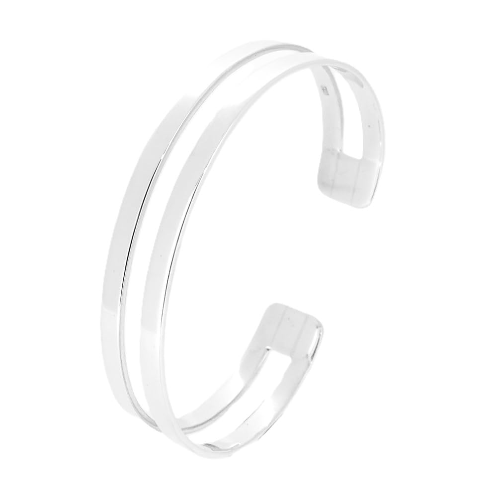 Treasure Bay 925 Sterling Silver Double Bar Cuff Bangle Bracelet for Women | 14mm Wide Polished Adjustable Bangle – Gift Boxed"