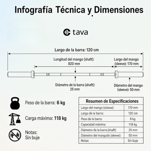 Tava Club Barra Olímpica Recta 1.2 m para Discos de 50mm (2 pulgadas) Barra de Pesas y Gym en Casa - Acero Cromado, Agarre Antideslizante 6 kg, Incluye 2 Clips de Seguridad