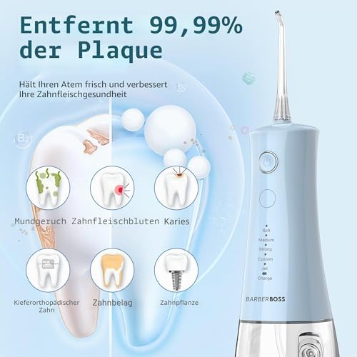 Munddusche Kabellos, elektrische Zahnseide mit 5 Druckmodi, IPX8 wasserdicht, tragbare Munddusche zur Zahnfleischpflege, Zahnreinigungsset, QR-7102 (Pastellblau)