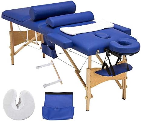 4HOMART Folding Massage Table 84'' Professional Portable 3 Fold Facial Massage Bed Salon SPA with Sheet, Cradle Cover, 2 Bolster with Backrest with Carry Case Blue