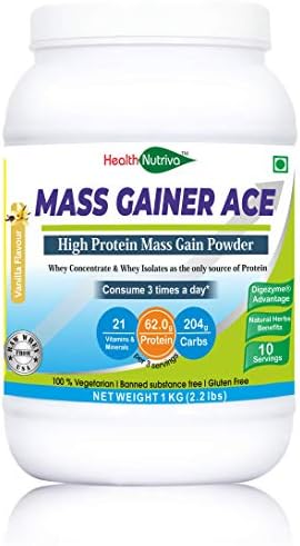 Advance MuscleMass HealthNutriva Mass Gainer ACE Supplement Powder with Natural Herbs and Digestive Enzymes (Vanilla, 1 kg/2.2 lb) 10 Servings
