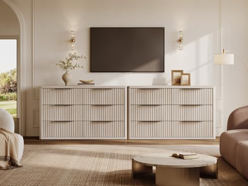 SICOTAS Dresser for Bedroom 107" Wide 6 Drawer Dressers & Chests of Drawers for Closet Long Large Modern TV Stand Set for Clothes Storage Fluted Wide Clothes Closet for Hallway Entryway, White Alder