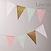 Ling's moment 10 Feet Paper Banner Flags Triangle Flags Banner Vintage Pennant Banner for Wedding, Gender Reveal, Birthday Baby Shower Event & Party Supplies 16pcs Flags(Mint+White+Pink+Gold Glitter)