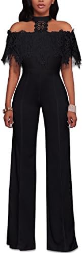 Womens Sexy Off Shoulder Halter Lace Wide Leg Pants High Waist Jumpsuits Rompers Casual Playsuit