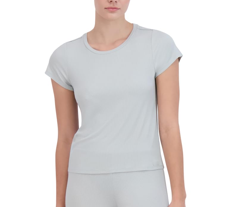 Photo 1 of Steve Madden Women's Soft Ribbed Short-Sleeve Sleep Tee, Cozy Pajama Top, Puritan Grey, Large