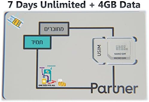 Israel Prepaid SIM Card From Orange Partner, Including 7 Days Unlimited Calls & SMS in Israel + 4GB Data, Triple SIM 3 in 1 For Any Size SIM Mini Micro Nano + SIM Card Case Iphone Pin & User Guide
